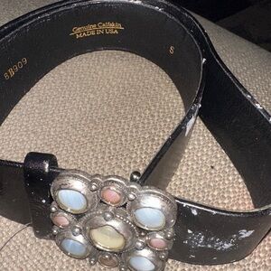 Oscar de la Renta Black Leather Belt with Pastel Stone Buckle